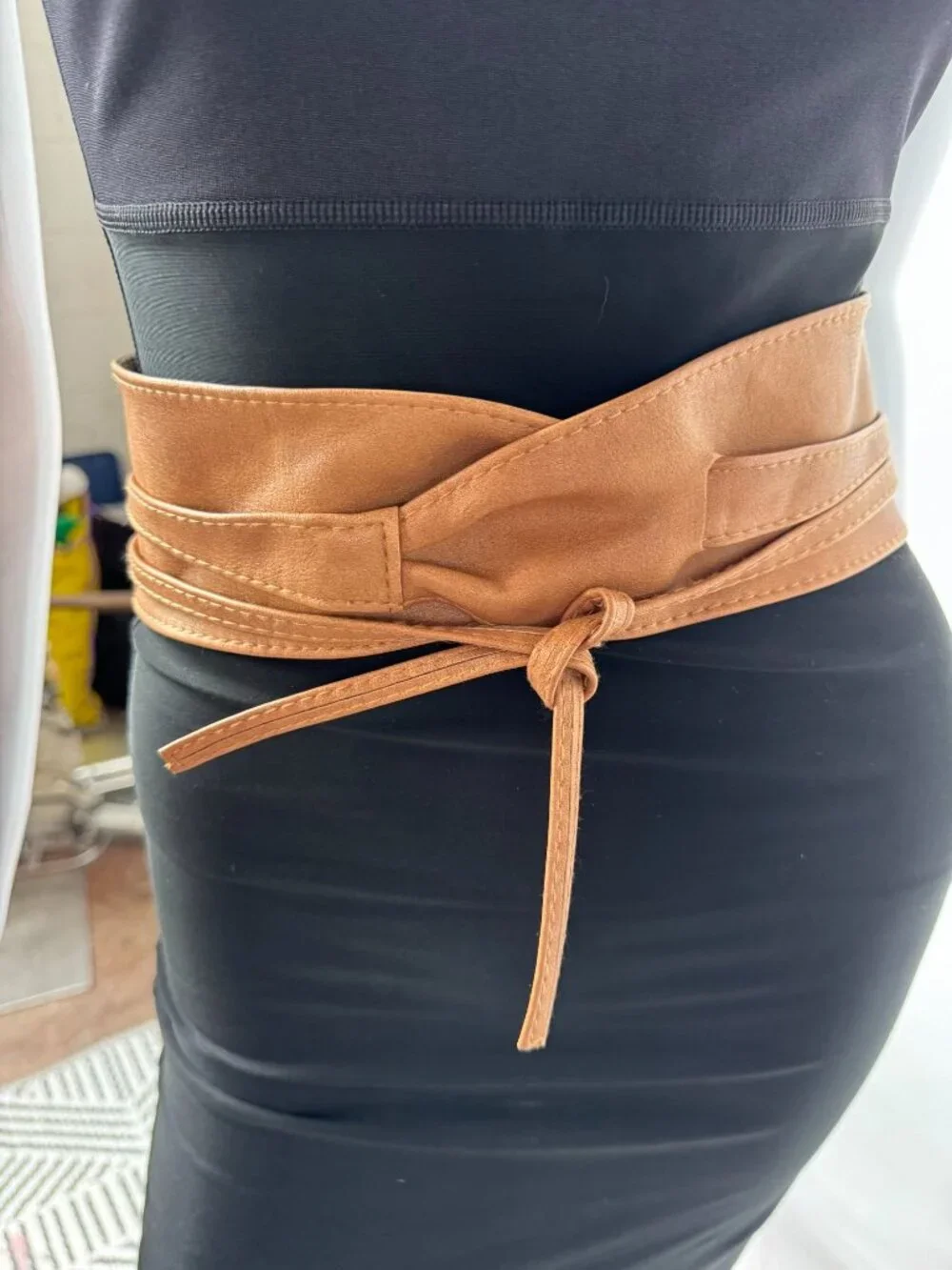 Fashiongen Camel Tan Wide Obi Belt S-M Polyurethane Adjustable Wrap Belt